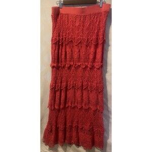 CHELSEA & THEODORE Tiered Lace Coral Red Maxi Skirt L Fairy Coquette Cottagecore
